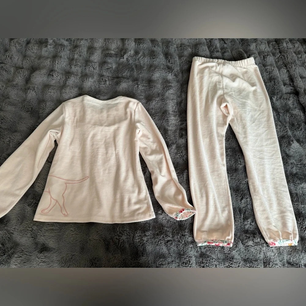 Matching shirt and pants with a cute dog pattern in light pink size 10 girls